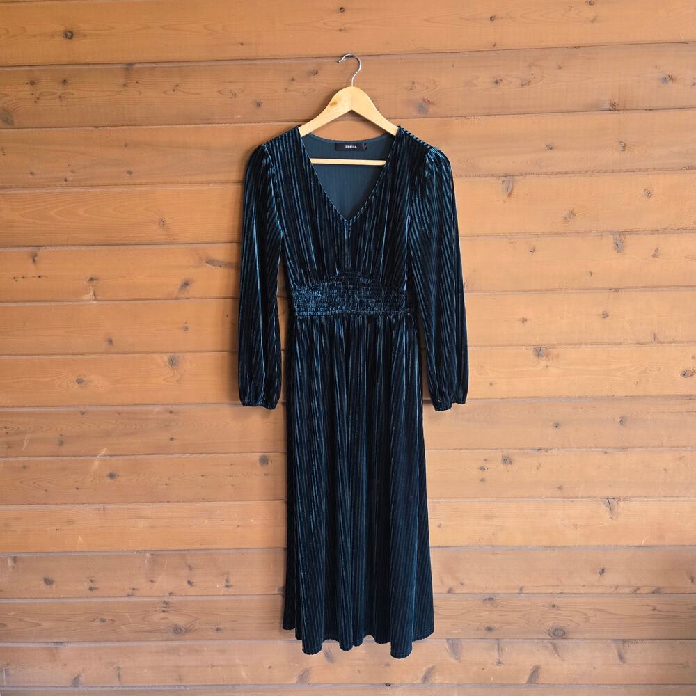Zesica Velvet Dress Midi Green Vneck Long Sleeve Flowy Boho Bridesmaid Fall - Picture 2 of 6